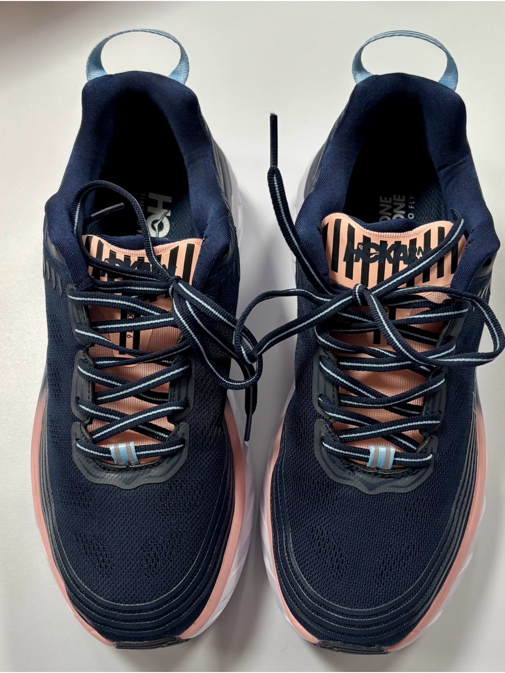 Hoka Men’s Bondi 6 size 7.5 orWomen's Navy and Blush Pink Athletic Running Shoes